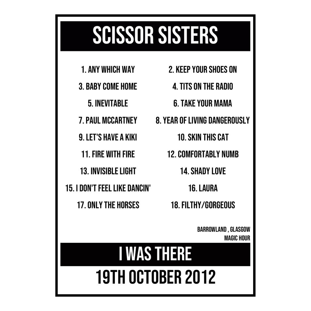 A Setlist Poster Featuring Scissor Sisters Gig from Glasgow in 2012