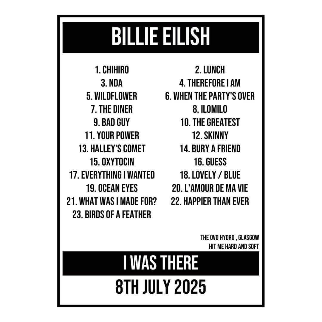 A Setlist Poster Featuring Billie Eilish Gig from Glasgow in 2025