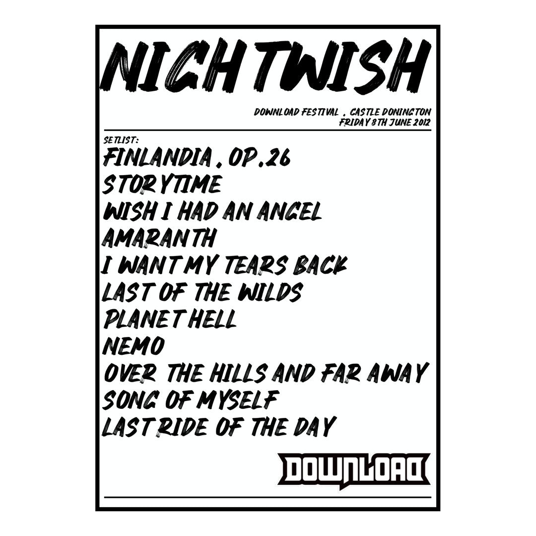 Nightwish Castle Donington 8th June 2012 Setlist poster