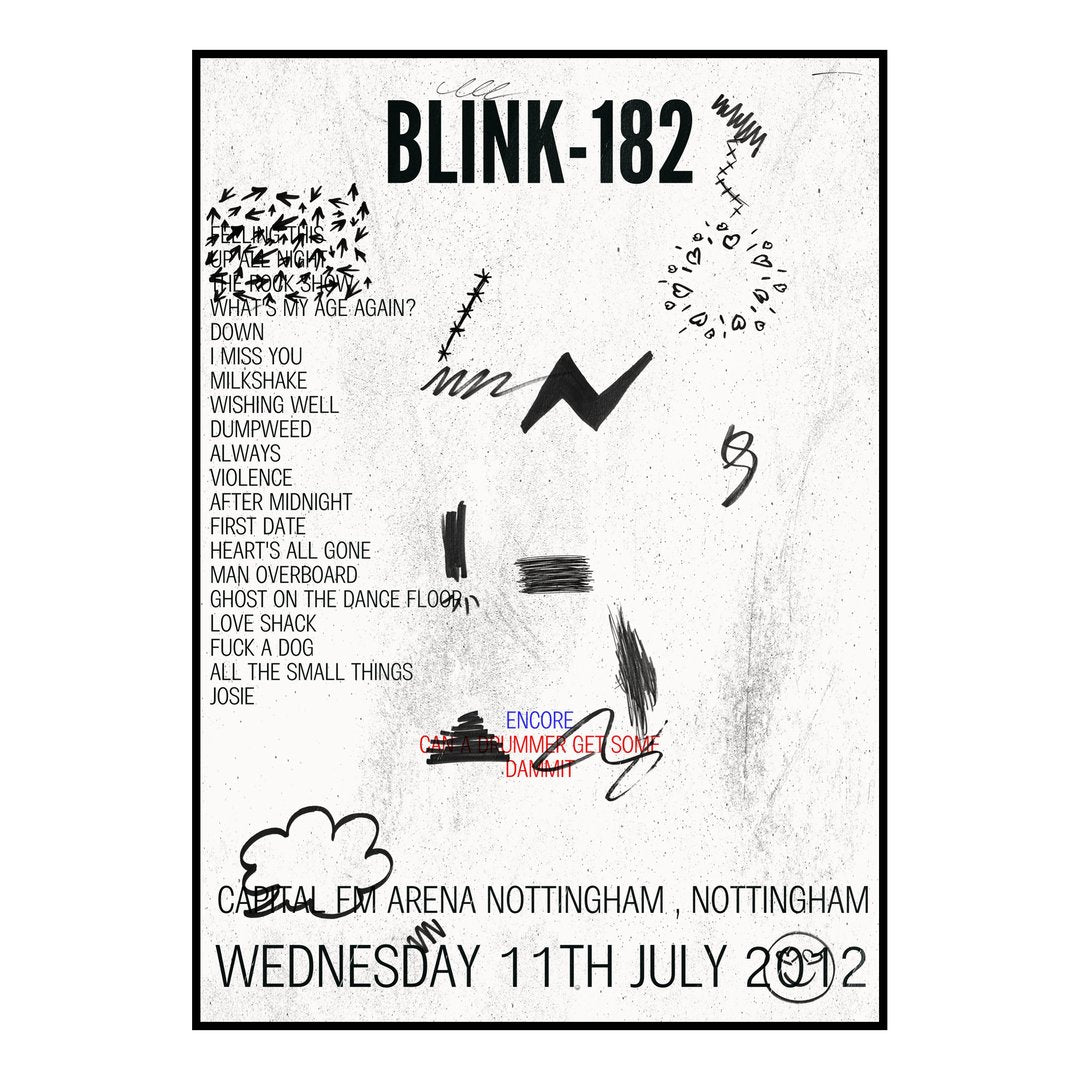 blink‐182 Nottingham 11th July 2012 Setlist poster
