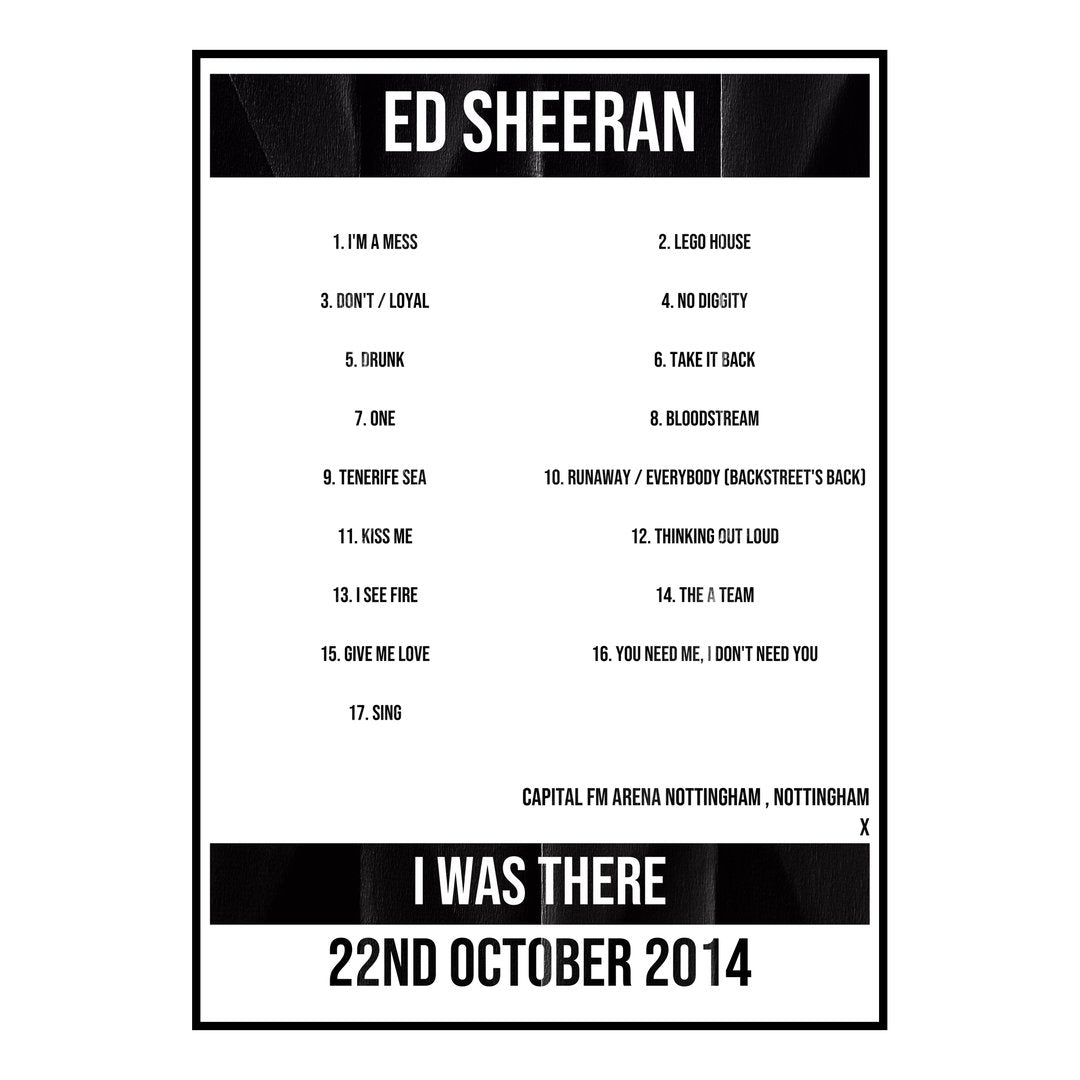 Ed Sheeran Nottingham 22nd October 2014 Setlist poster