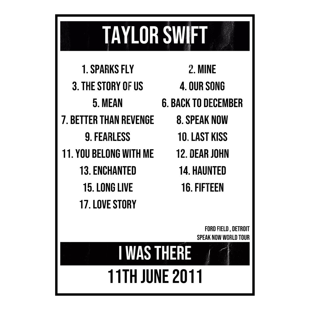 Taylor Swift Detroit 11th June 2011 Setlist poster