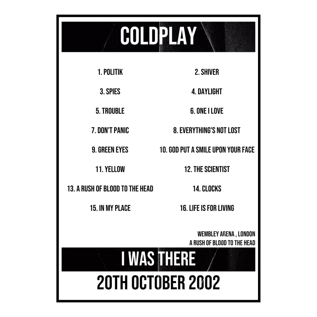 Coldplay London 20th October 2002 Setlist poster