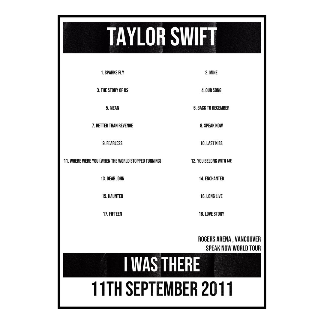 Taylor Swift Vancouver 11th September 2011 Setlist poster