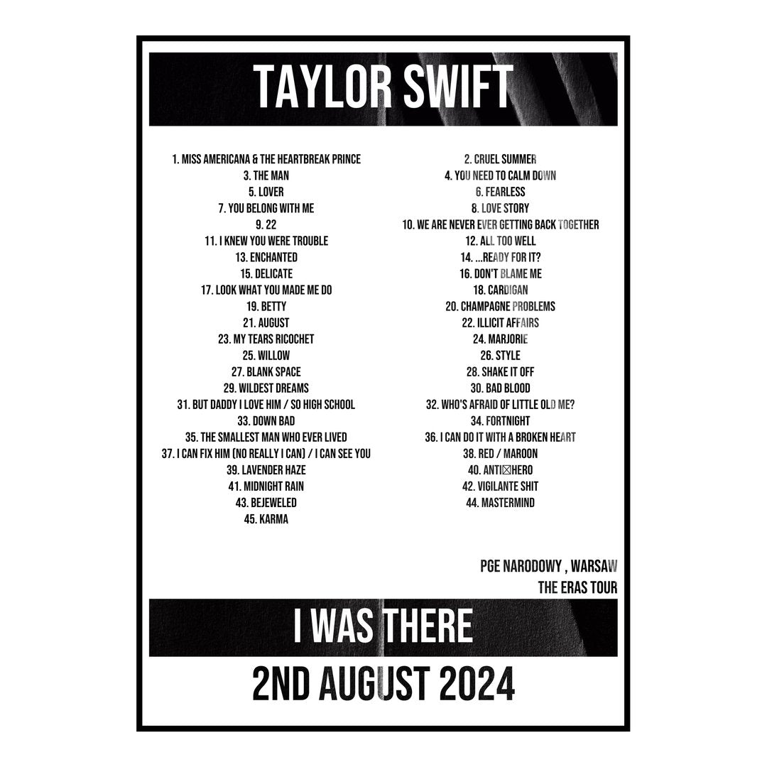 Taylor Swift Warsaw 2nd August 2024 Setlist poster