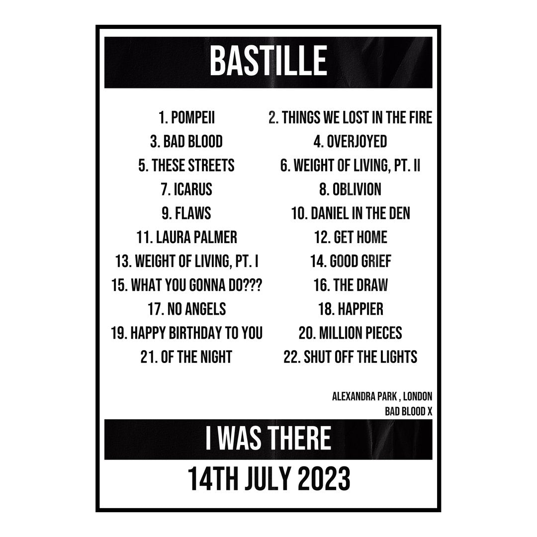 Bastille London 14th July 2023 Setlist poster