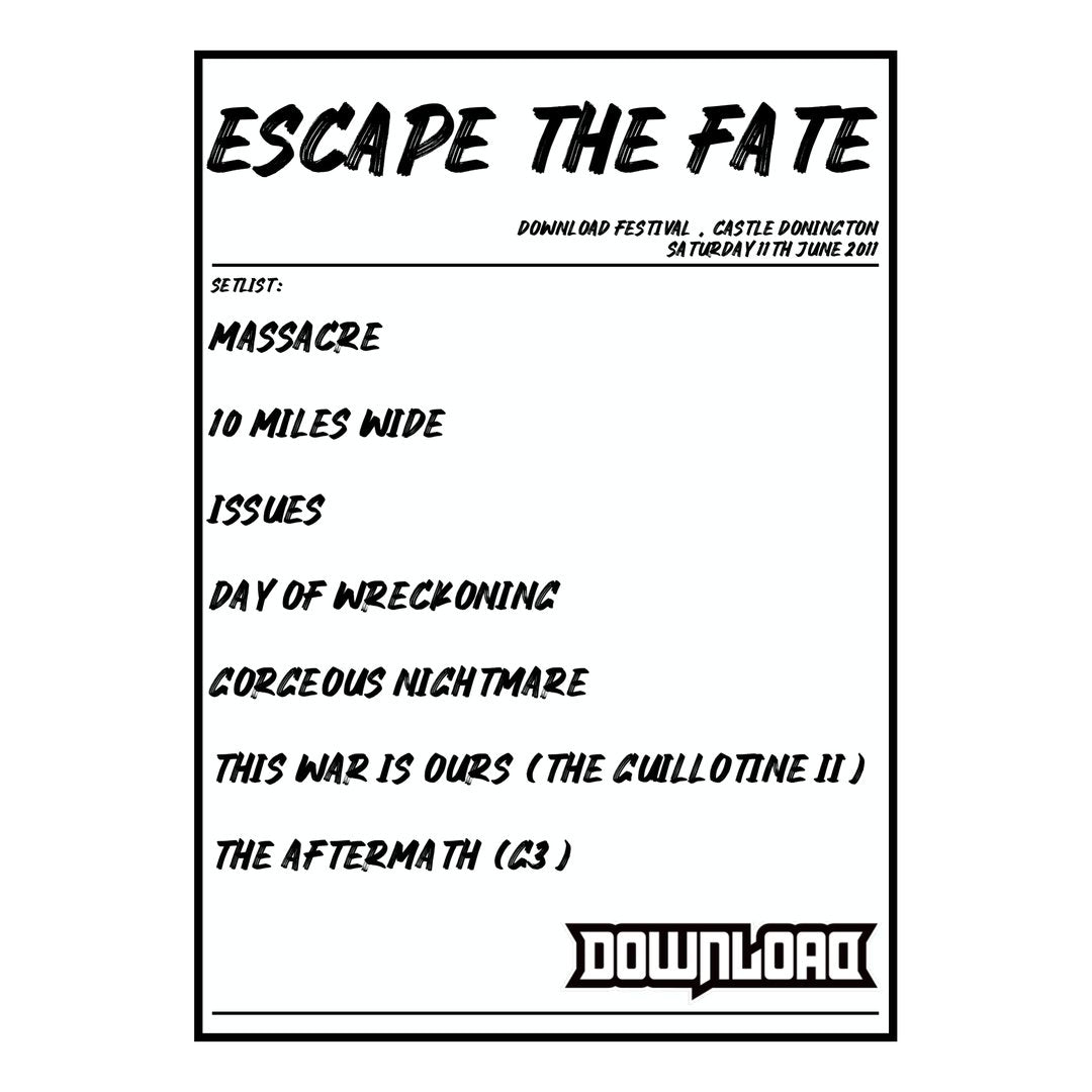 Escape the Fate Castle Donington 11th June 2011 Setlist poster