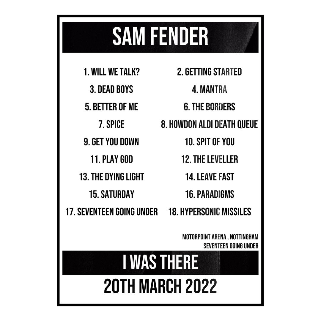 Sam Fender Nottingham 20th March 2022 Setlist poster