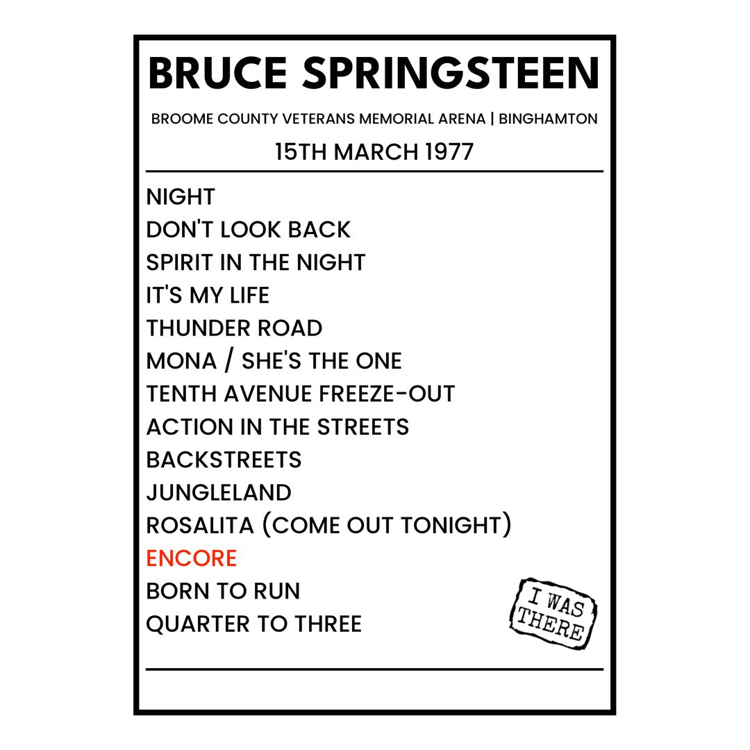 Bruce Springsteen Binghamton 15th March 1977 Setlist poster