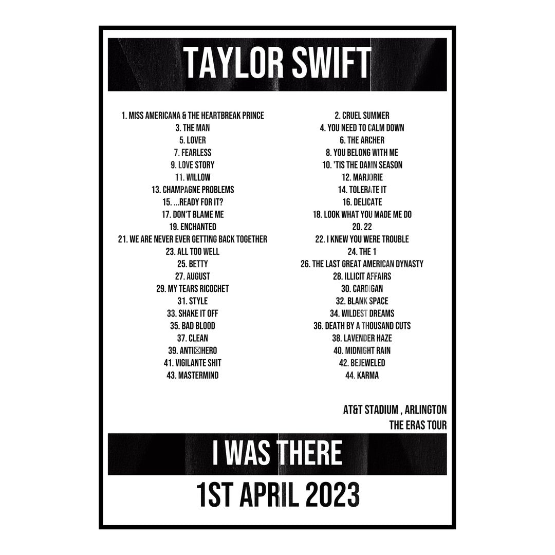 Taylor Swift Arlington 1st April 2023 Setlist poster