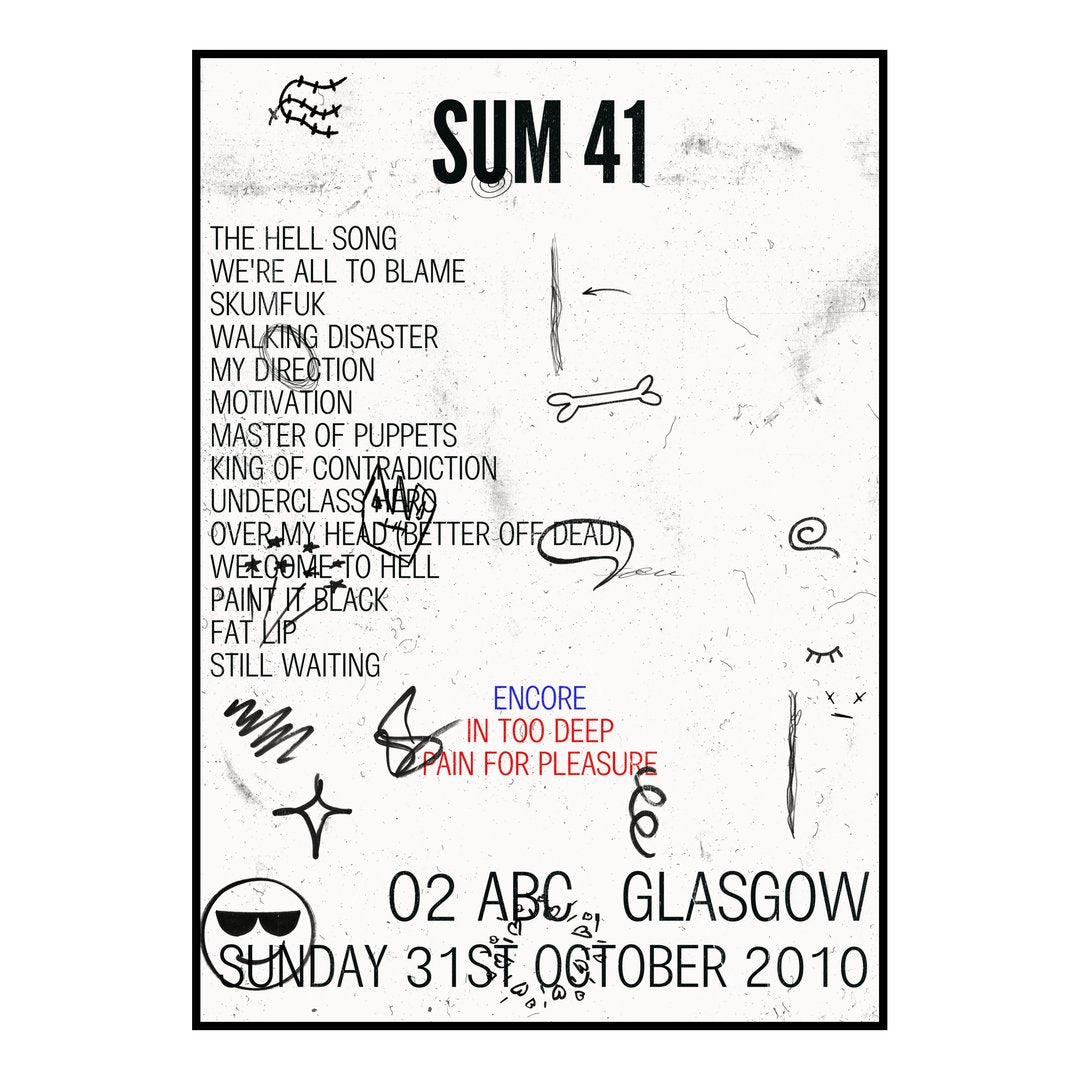 Sum 41 Glasgow 31st October 2010 Setlist poster