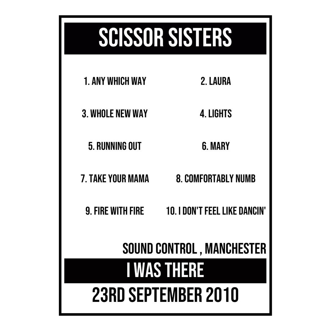 A Setlist Poster Featuring Scissor Sisters Gig from Manchester in 2010