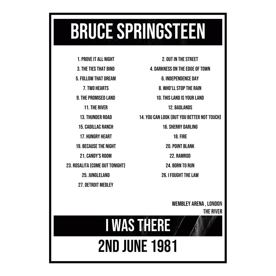 Bruce Springsteen London 2nd June 1981 Setlist poster