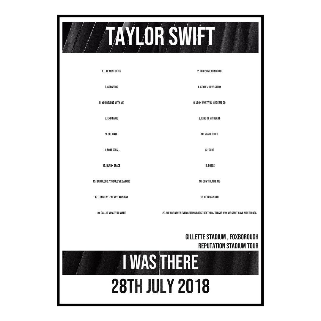 Taylor Swift Foxborough 28th July 2018 Setlist poster