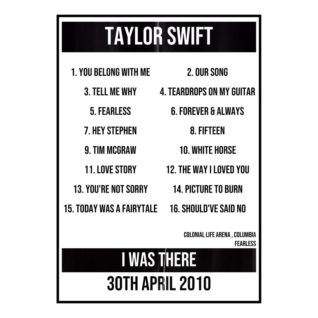 Taylor Swift Columbia 30th April 2010 Setlist poster