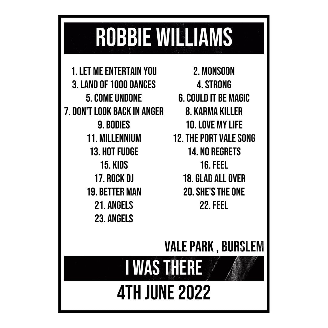 Robbie Williams Burslem 4th June 2022 Setlist poster