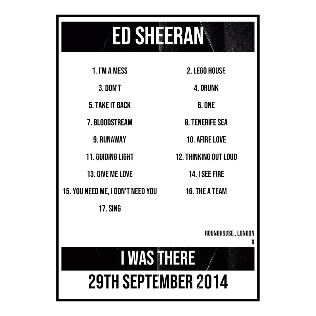 Ed Sheeran London 29th September 2014 Setlist poster