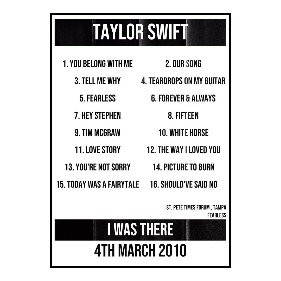 Taylor Swift Tampa 4th March 2010 Setlist poster