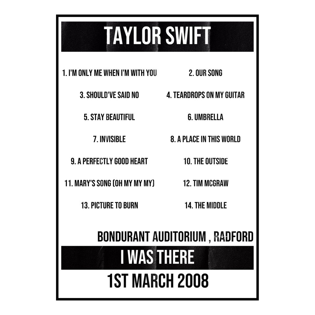 Taylor Swift Radford 1st March 2008 Setlist poster
