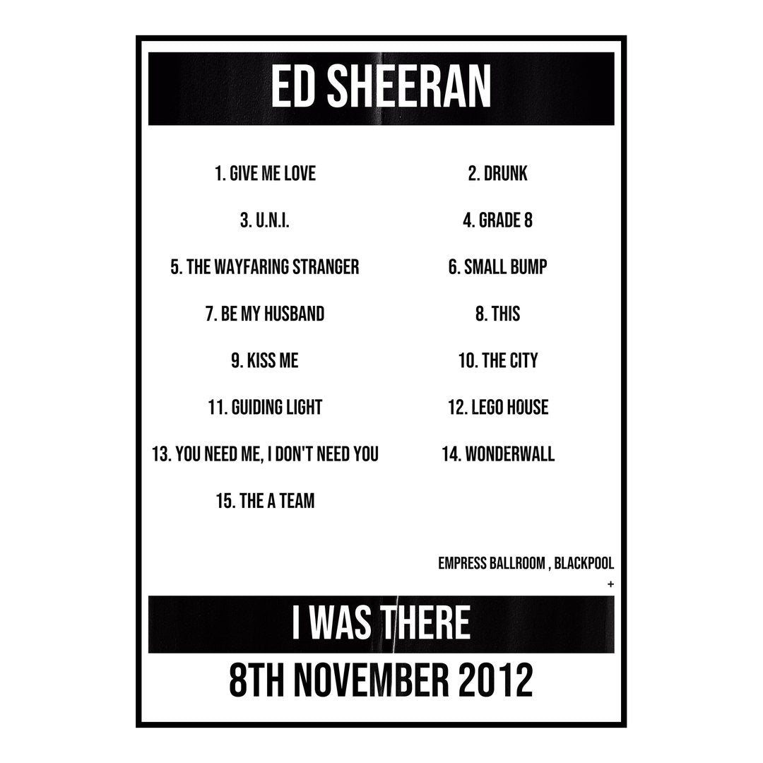 Ed Sheeran Blackpool 8th November 2012 Setlist poster