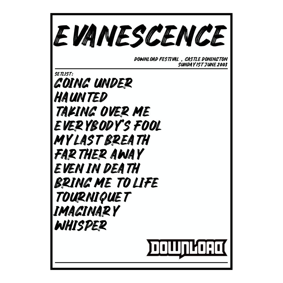 Evanescence Castle Donington 1st June 2003 Setlist poster