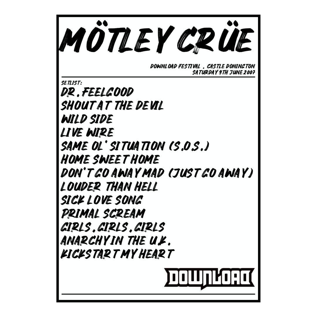 Mötley Crüe Castle Donington 9th June 2007 Setlist poster