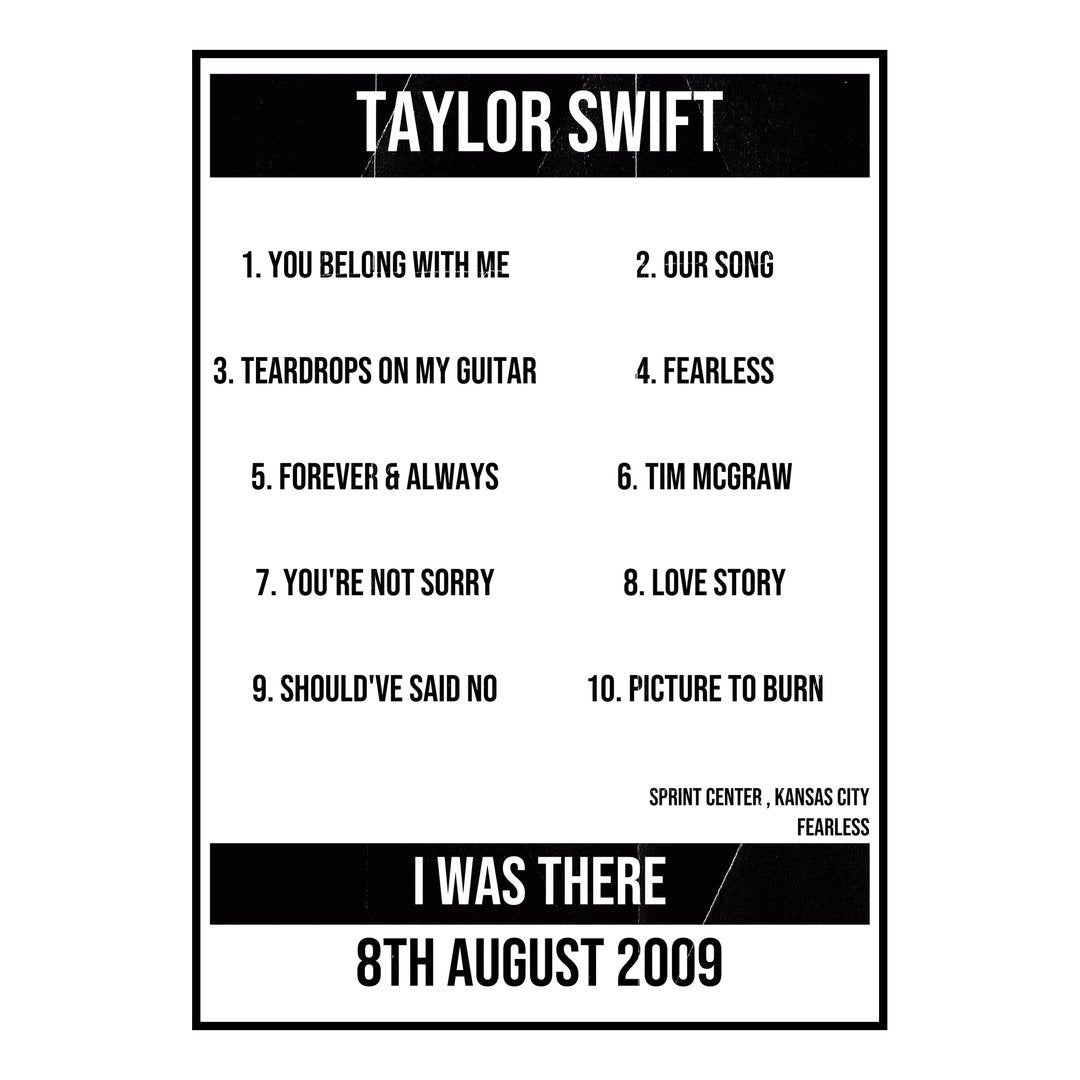 Taylor Swift Kansas City 8th August 2009 Setlist poster