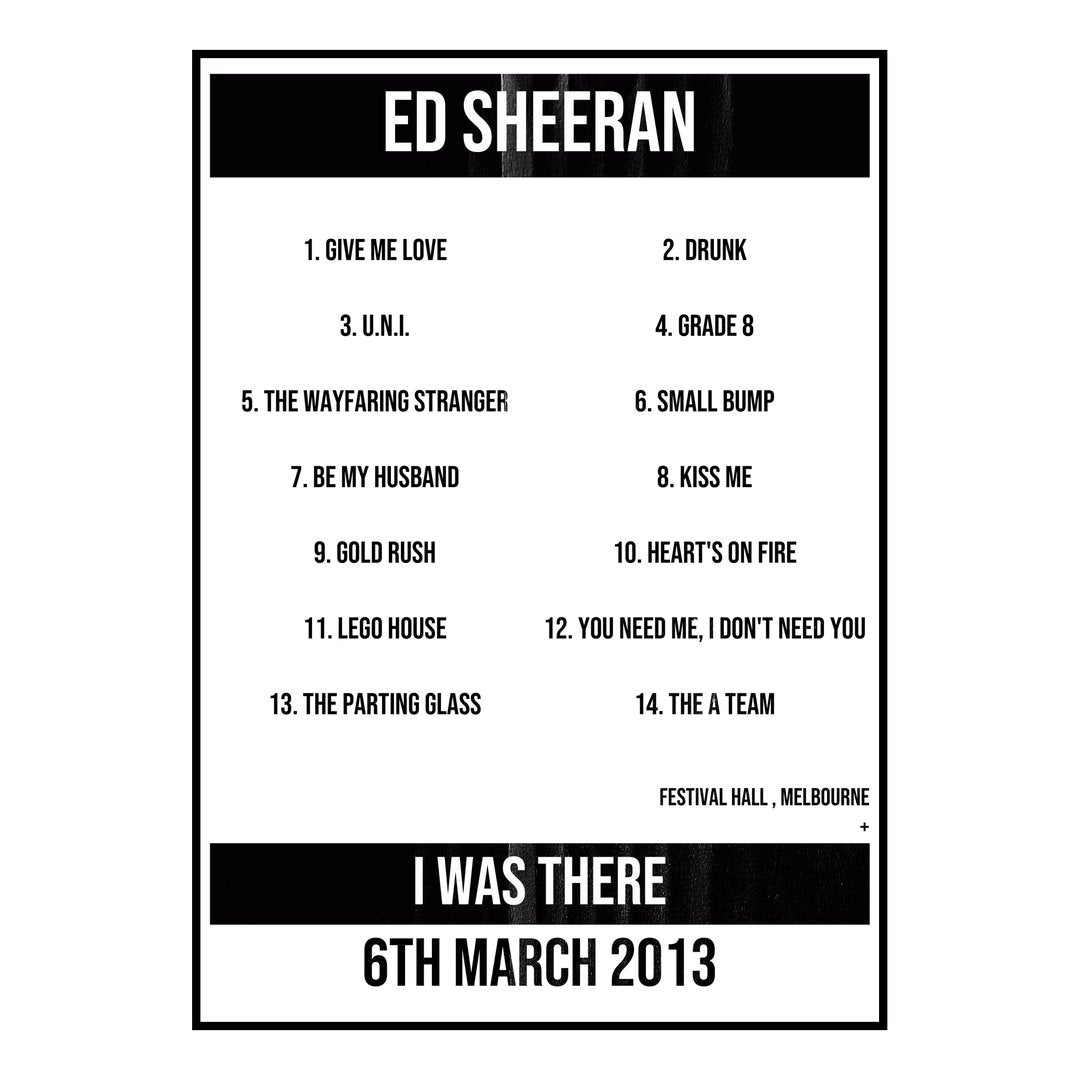 Ed Sheeran Melbourne 6th March 2013 Setlist poster