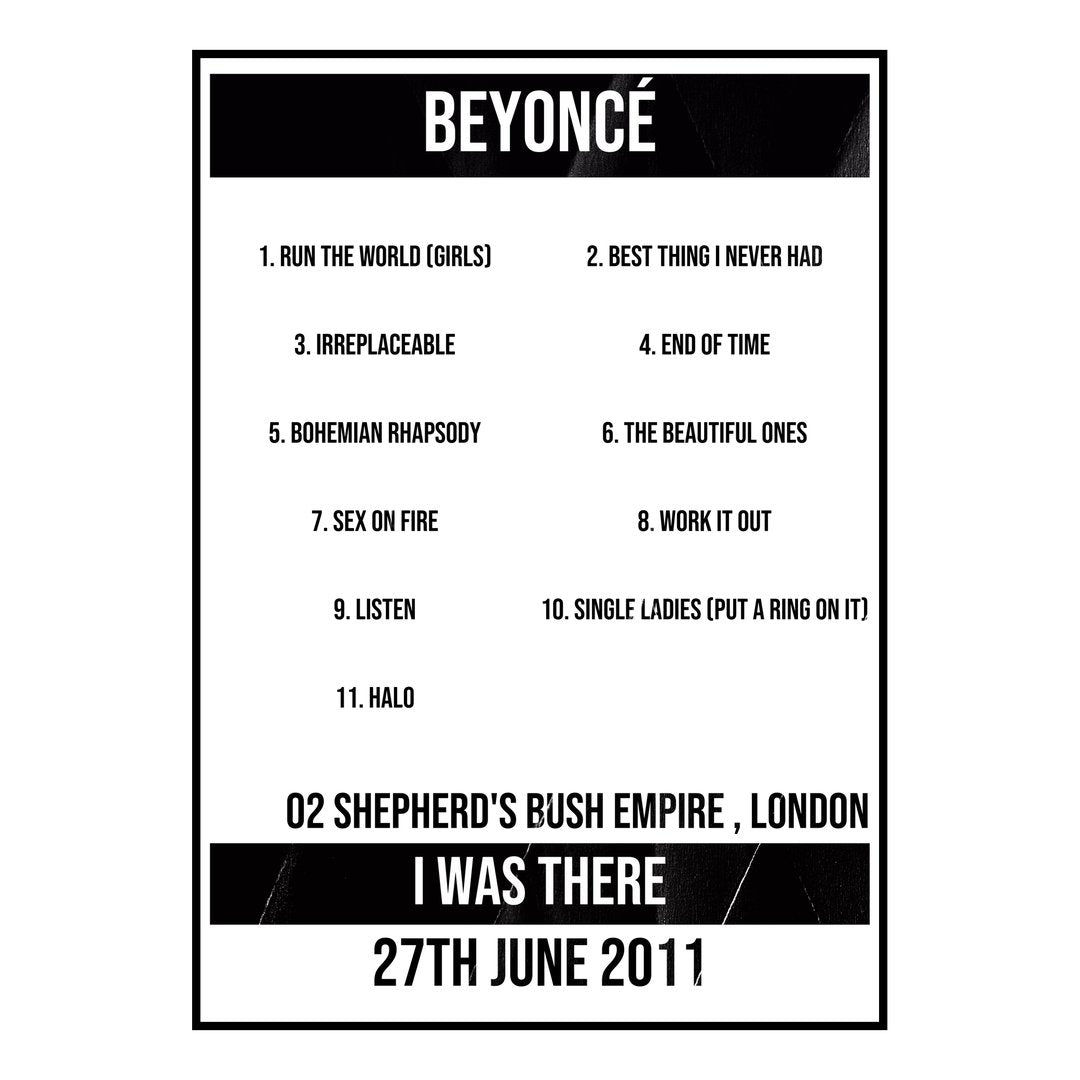 Beyoncé London 27th June 2011 Setlist poster