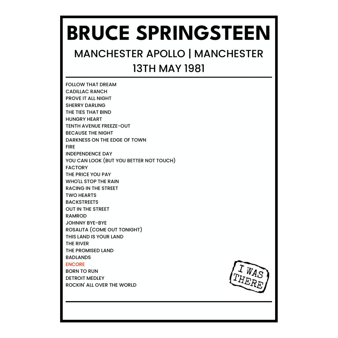 Bruce Springsteen Manchester 13th May 1981 Setlist poster