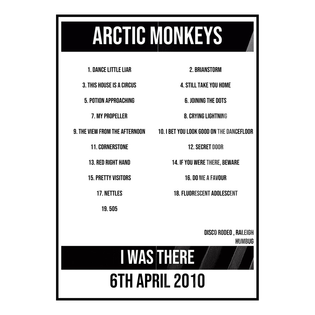 Arctic Monkeys Raleigh 6th April 2010 Setlist poster