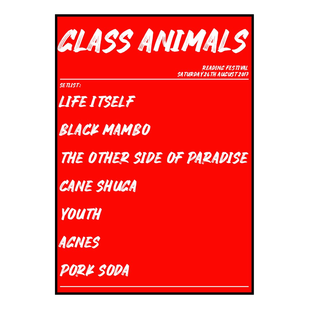 Glass Animals Reading 26th August 2017 Setlist poster