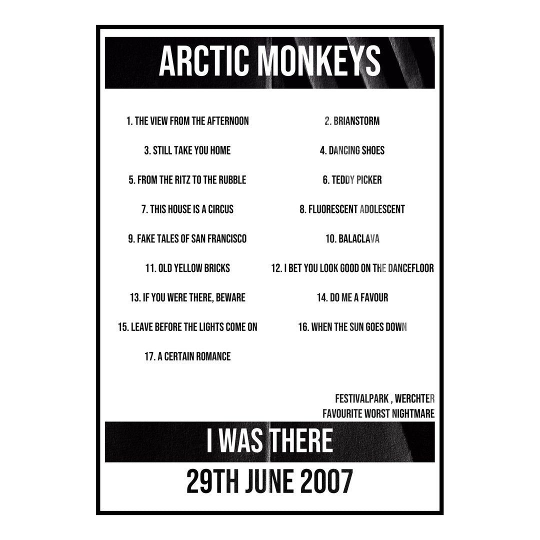 Arctic Monkeys Werchter 29th June 2007 Setlist poster
