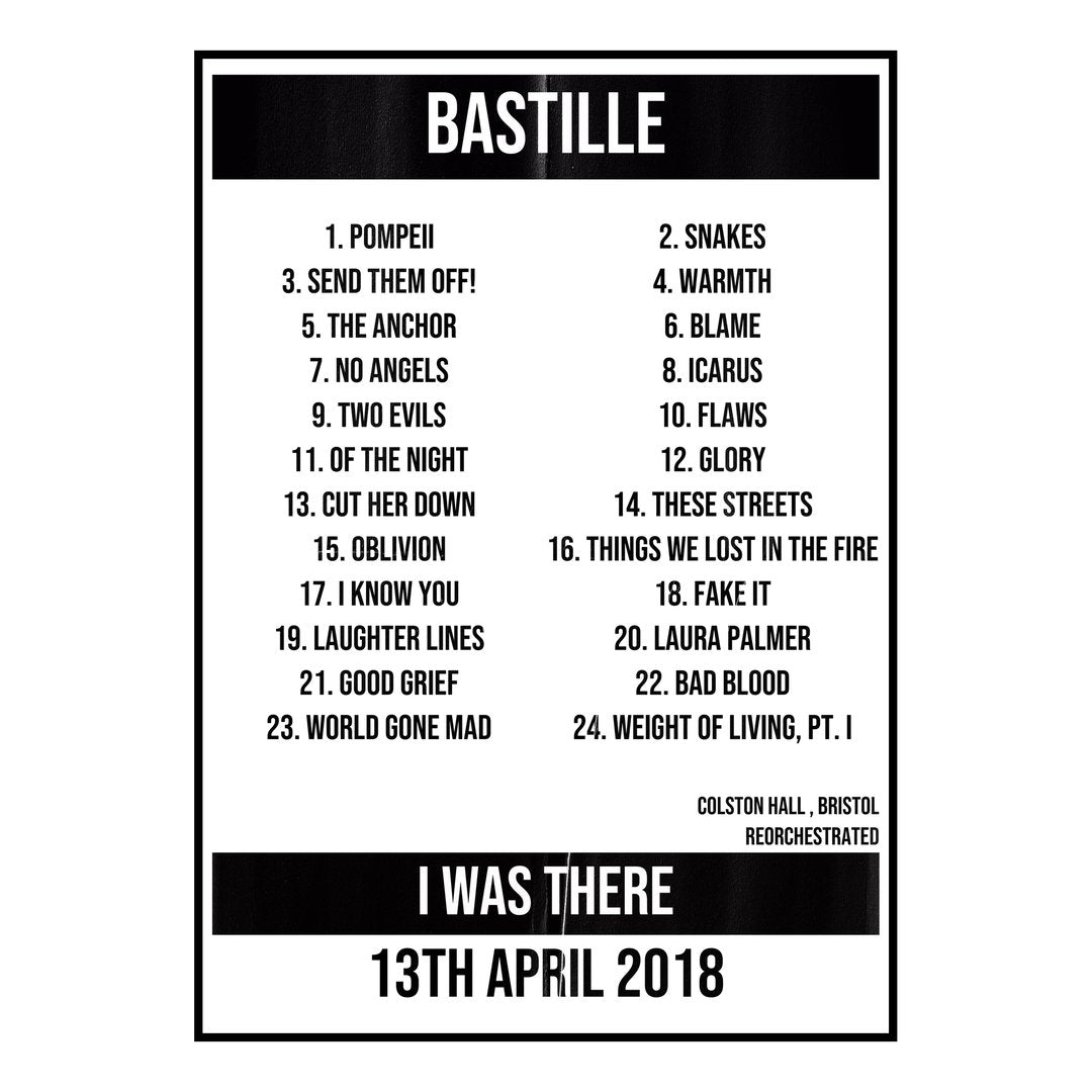 Bastille Bristol 13th April 2018 Setlist poster
