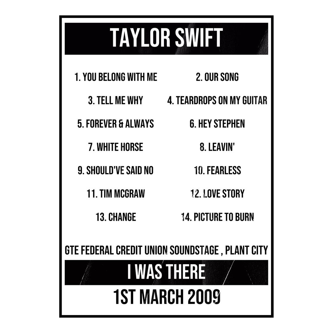 Taylor Swift Plant City 1st March 2009 Setlist poster