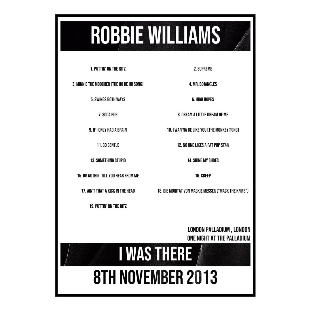 Robbie Williams London 8th November 2013 Setlist poster