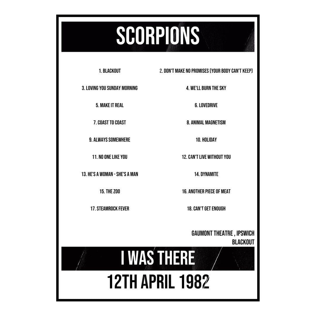 Scorpions Ipswich 12th April 1982 Setlist poster