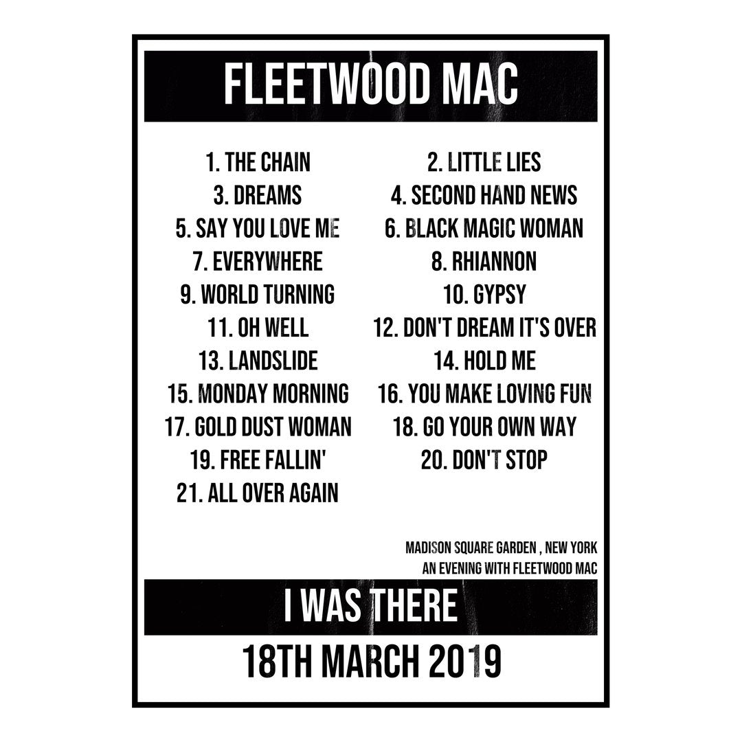 Fleetwood Mac New York 18th March 2019 Setlist poster
