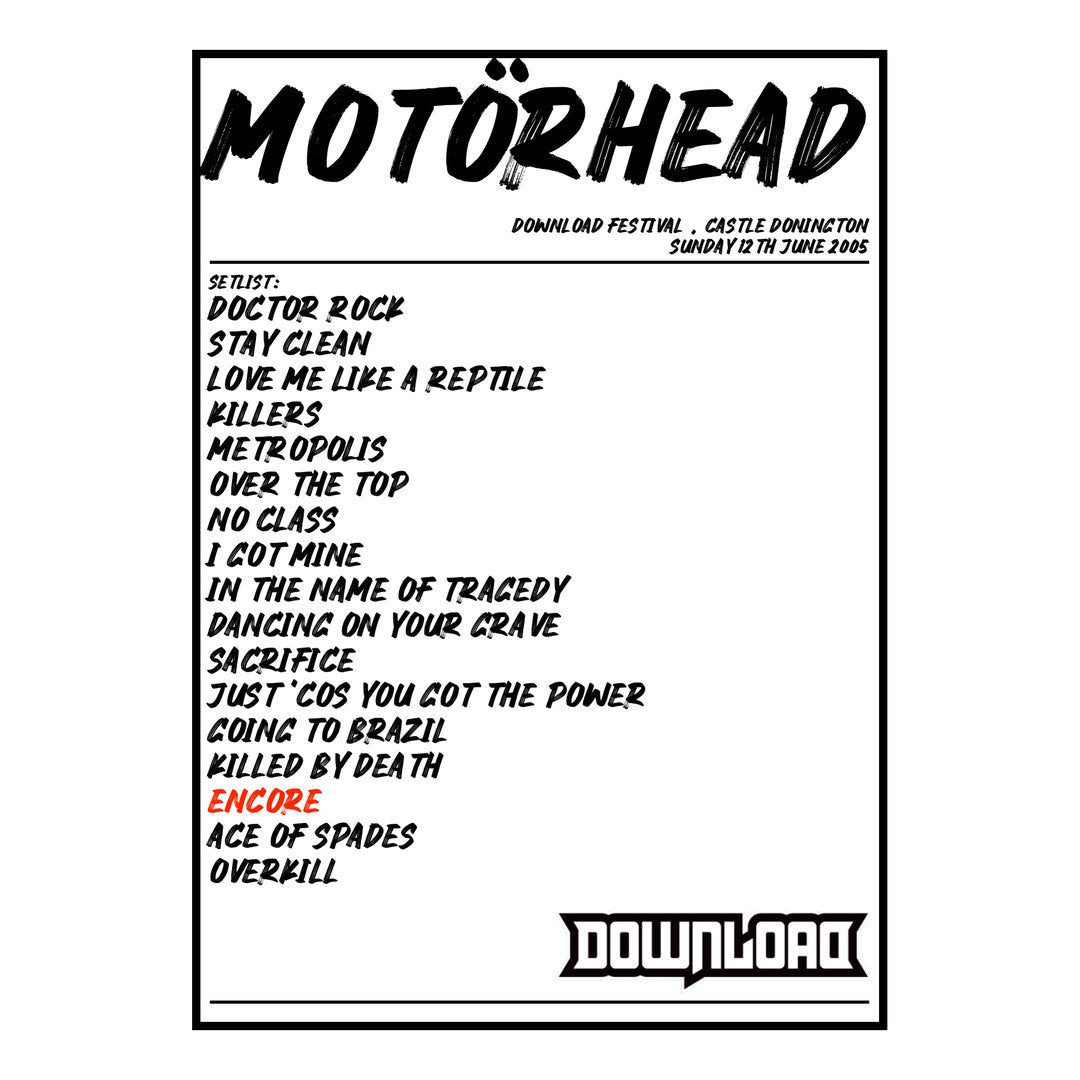 Motörhead Castle Donington 12th June 2005 Setlist poster