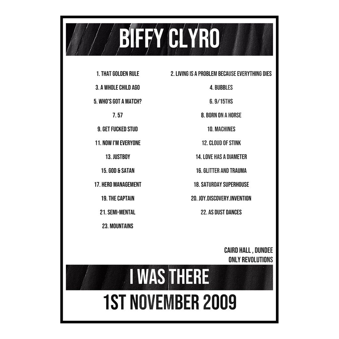 Biffy Clyro Dundee 1st November 2009 Setlist poster