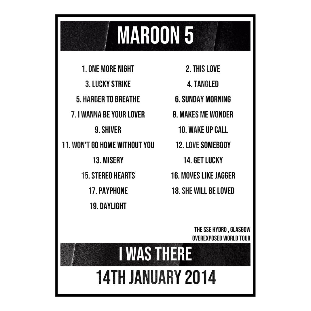 Maroon 5 Glasgow 14th January 2014 Setlist poster