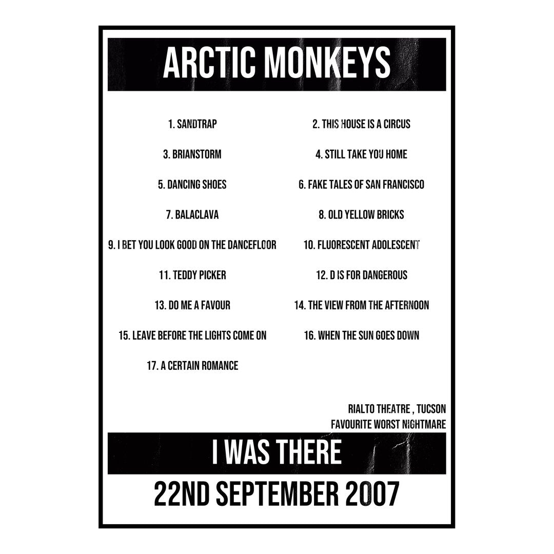 Arctic Monkeys Tucson 22nd September 2007 Setlist poster