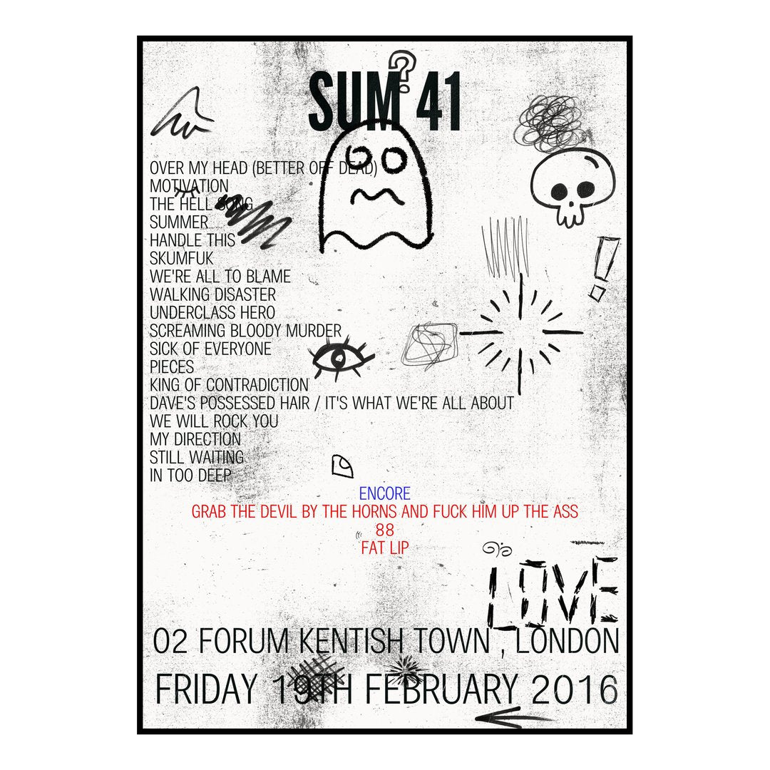 Sum 41 London 19th February 2016 Setlist poster