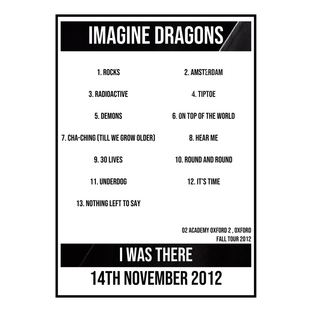 Imagine Dragons Oxford 14th November 2012 Setlist poster