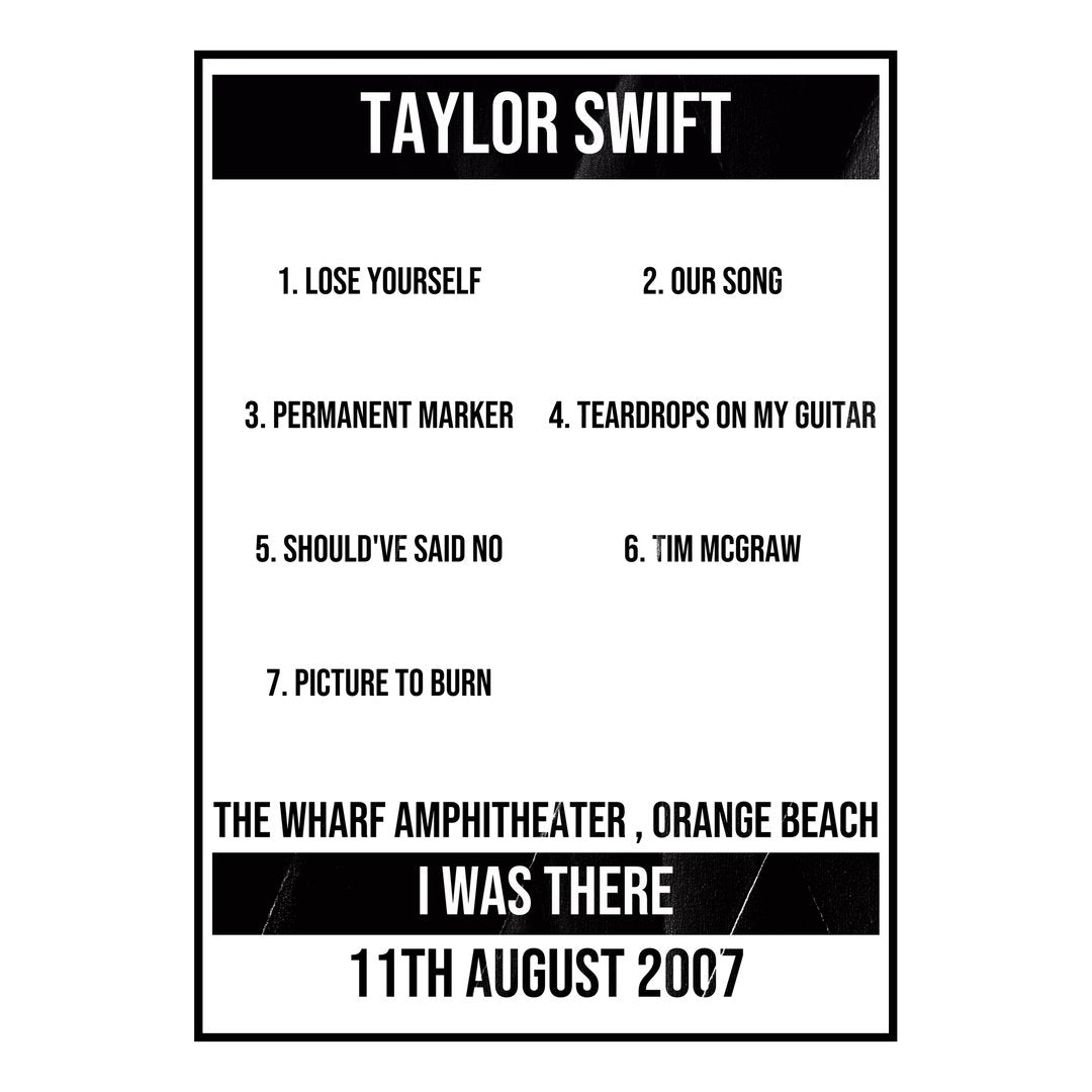 Taylor Swift Orange Beach 11th August 2007 Setlist poster