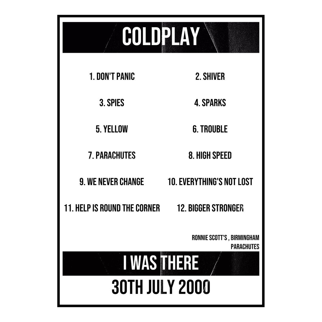 Coldplay Birmingham 30th July 2000 Setlist poster