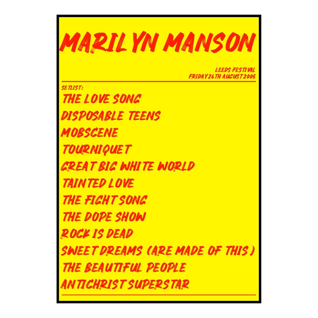 Marilyn Manson Bramham 26th August 2005 Setlist poster