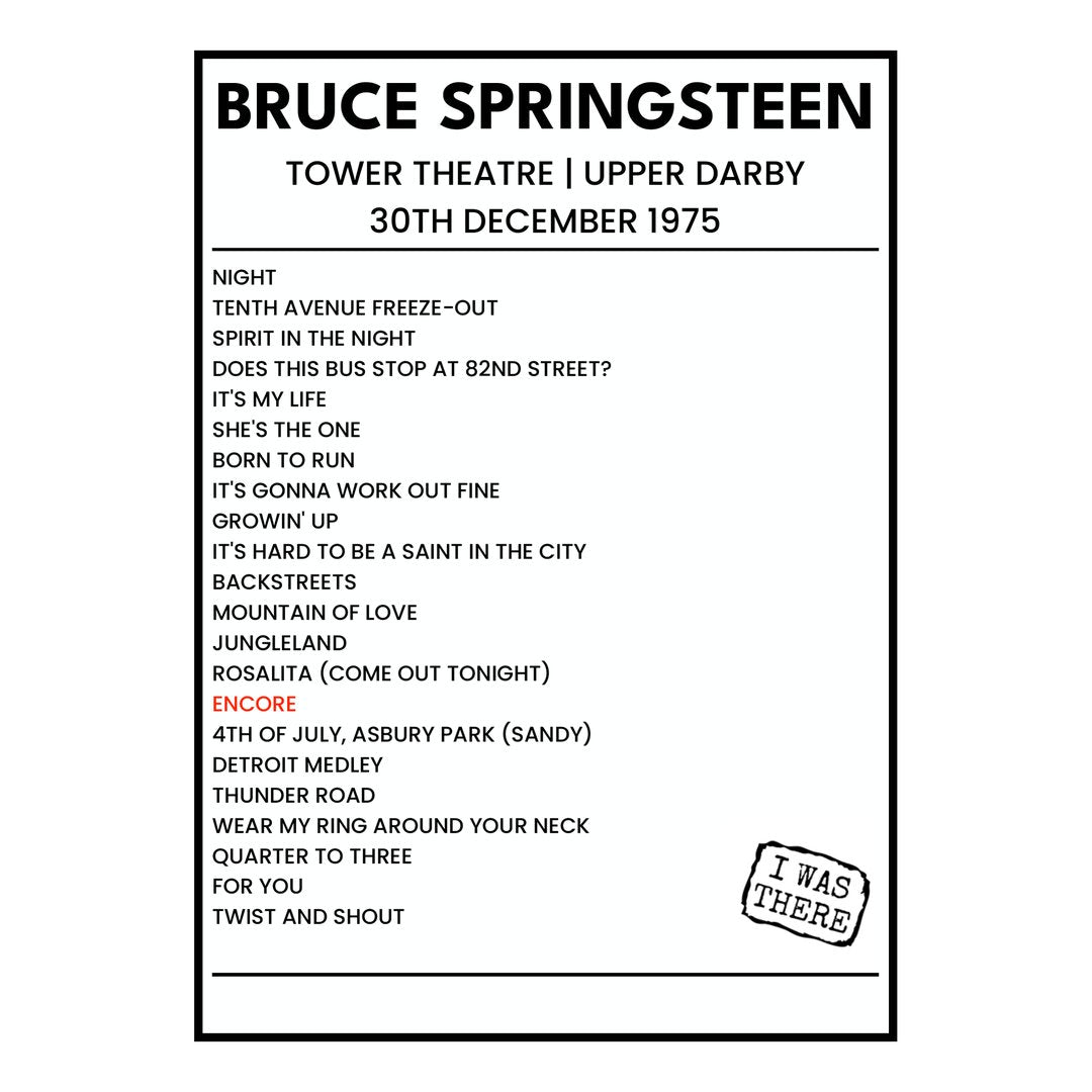 Bruce Springsteen Upper Darby 30th December 1975 Setlist poster