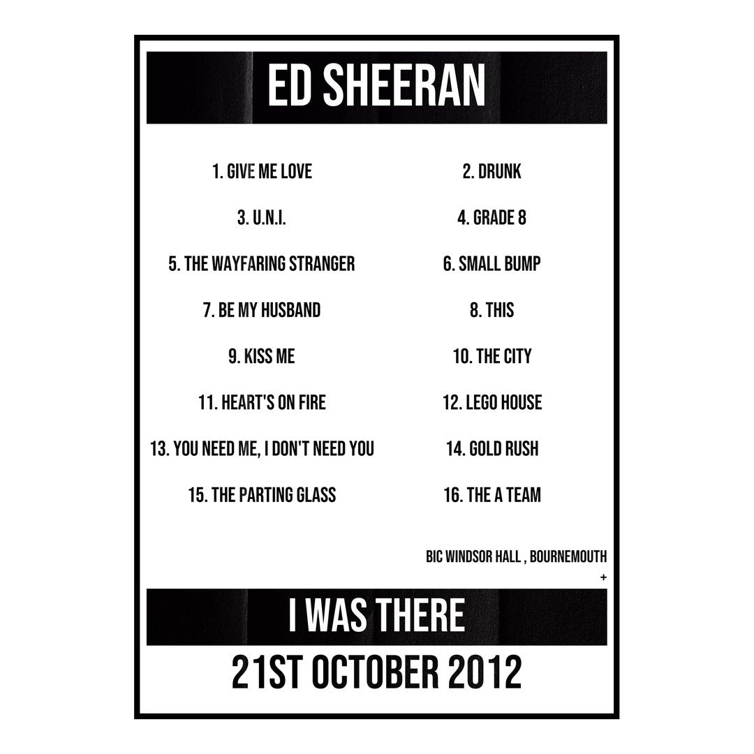 Ed Sheeran Bournemouth 21st October 2012 Setlist poster