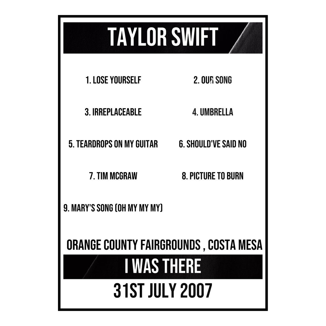 Taylor Swift Costa Mesa 31st July 2007 Setlist poster